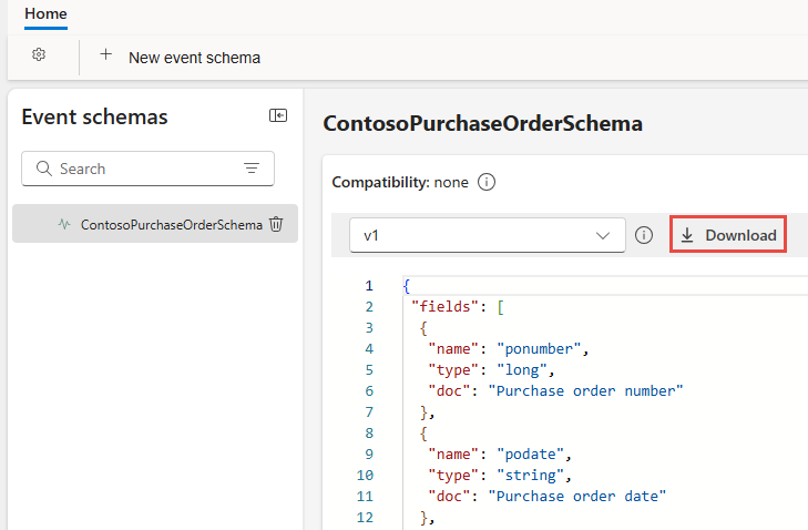 Screenshot that shows the Download button on the ribbon in an event schema editor.