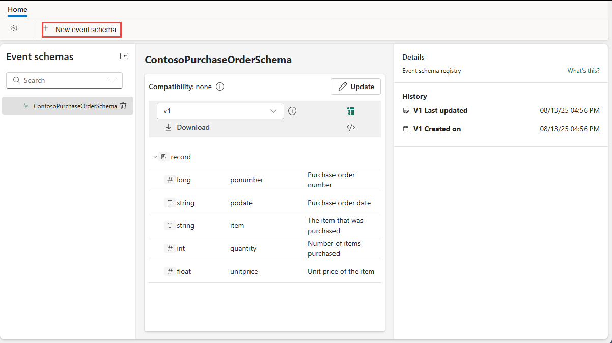 Screenshot that shows the New event schema button for a schema set with at least one schema.