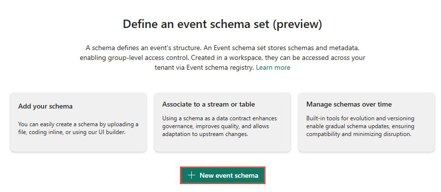 Screenshot that shows the New event schema button.