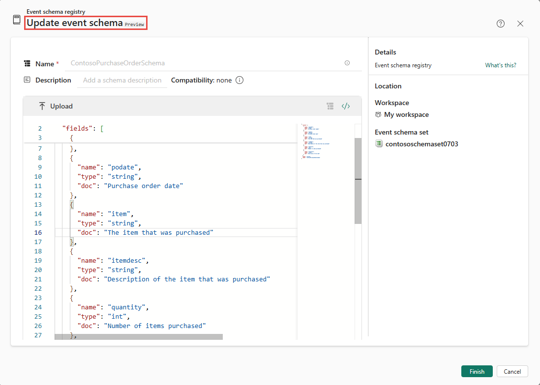 Screenshot that shows the Update event schema window.