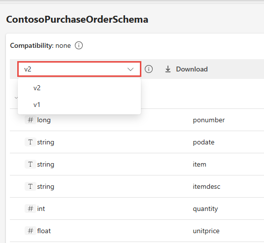 Screenshot that shows versions of the schema.