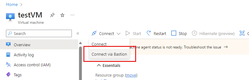 Screenshot of the Connect via Bastion option.