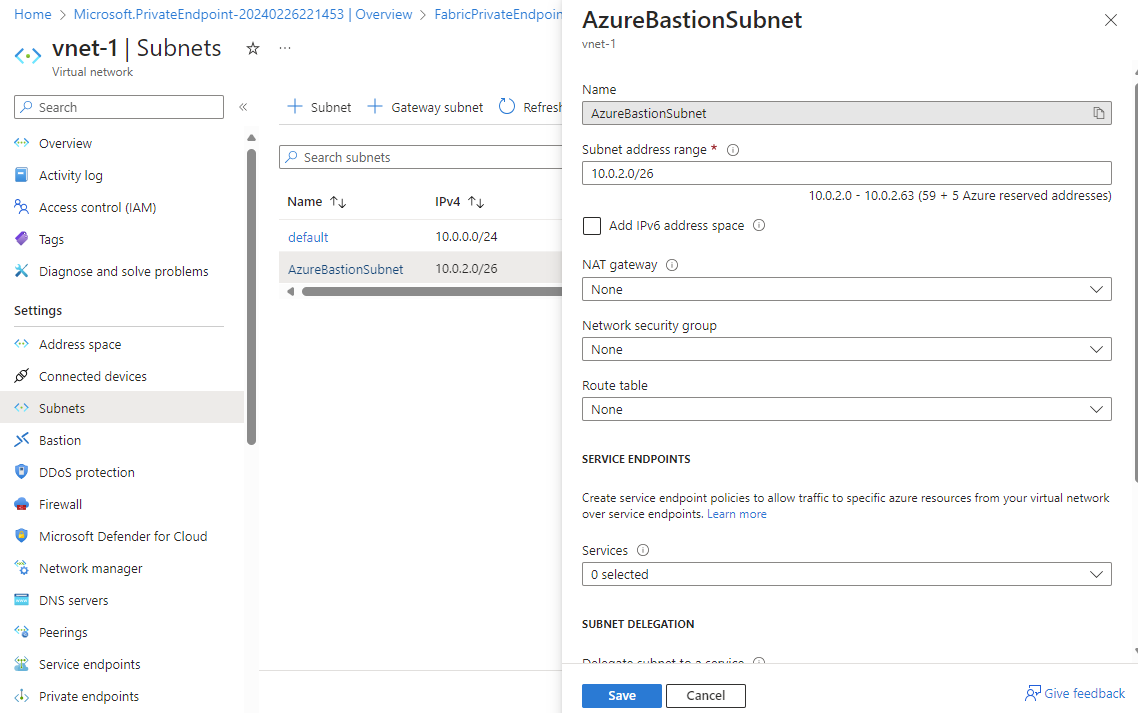 Screenshot of the create AzureBastionSubnet.