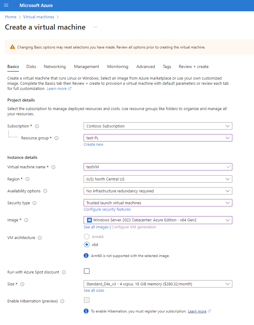 Screenshot of the create VM Basics tab.