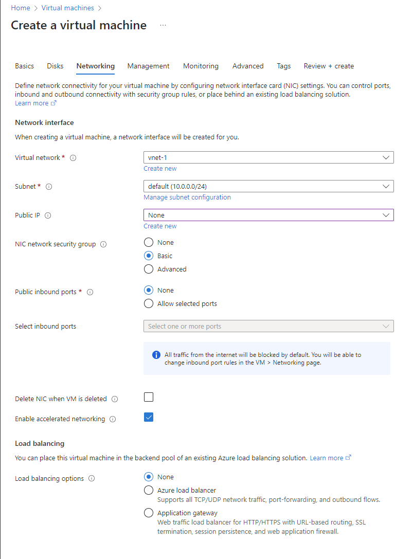 Screenshot of create VM Networking tab.