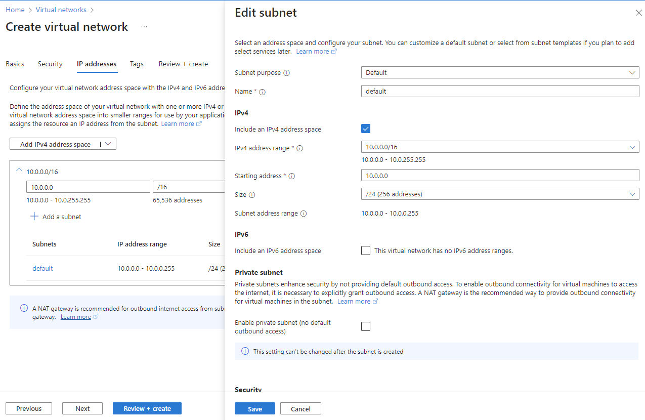 Screenshot of the IP Addresses tab in Create a virtual network.