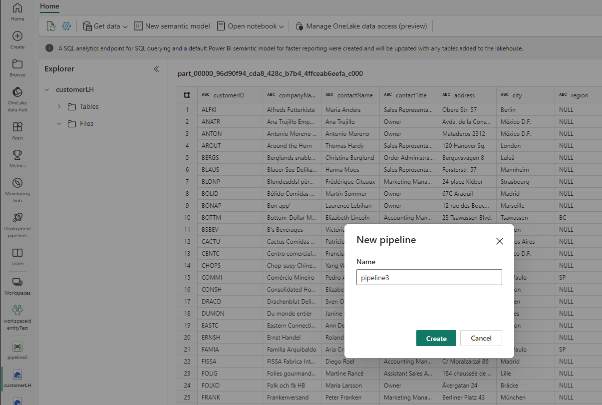Screenshot showing the New pipeline dialog.