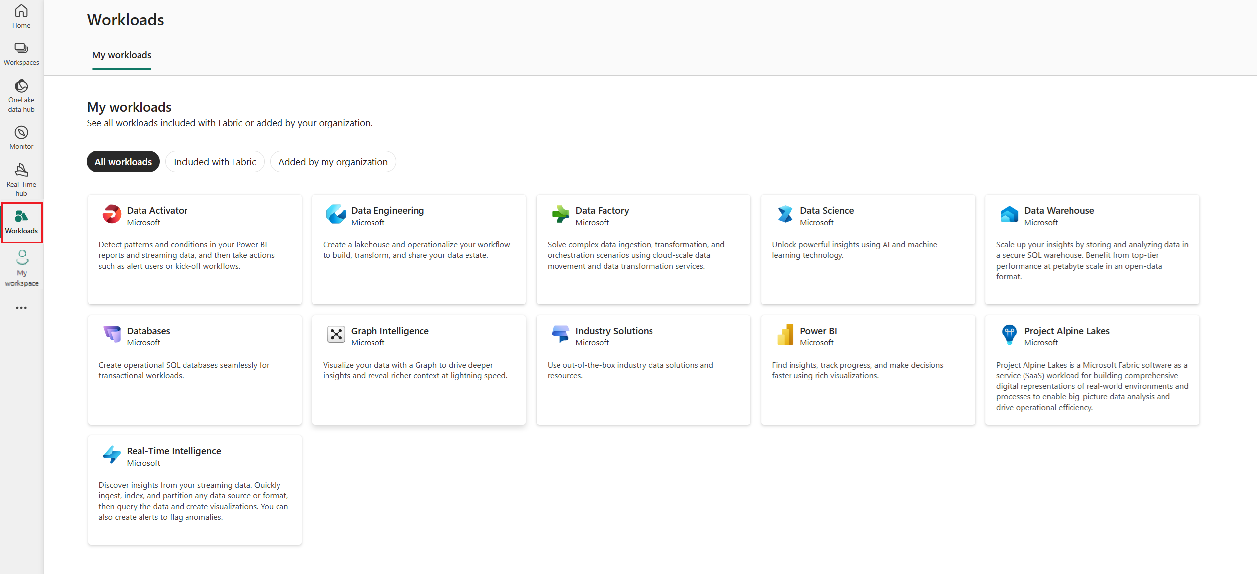 Screenshot of the workload hub.