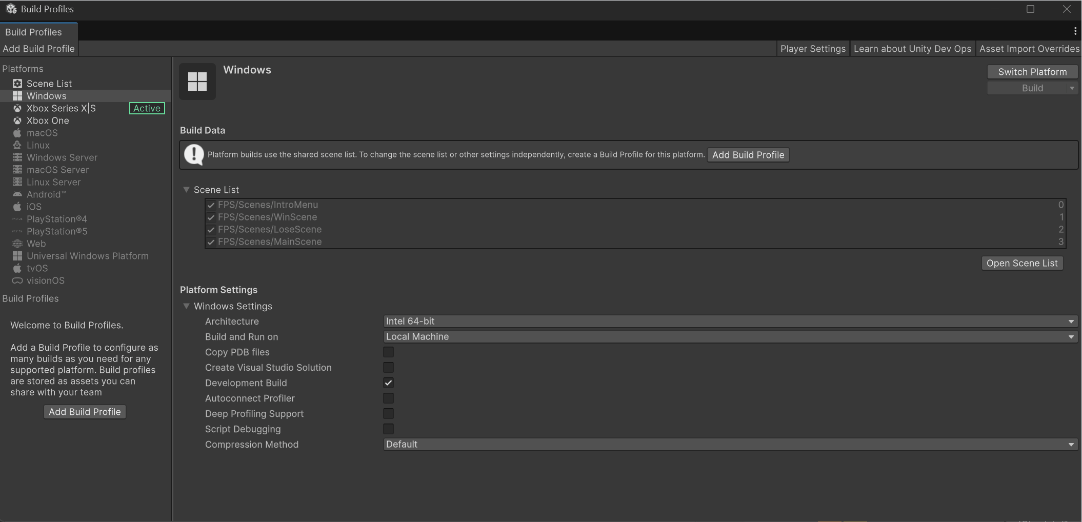viewing each platforms build profiles in Unity 6