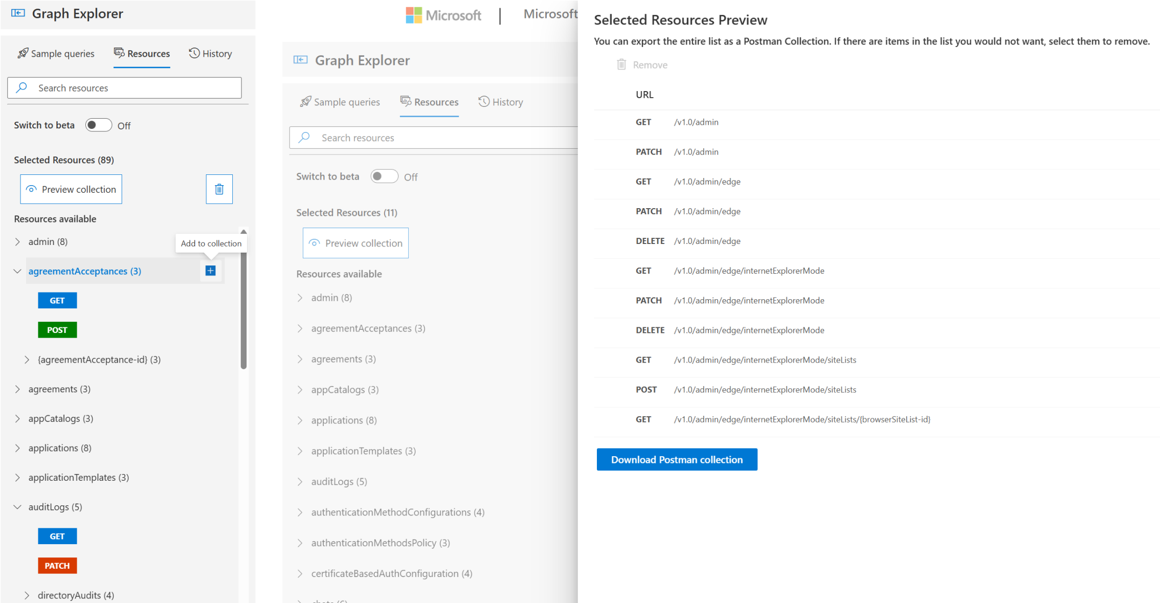 On the left is a screenshot of the Resources tab in Graph Explorer. The right side displays the Preview collection panel.