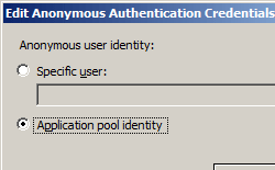 Screenshot of the Internet Information Services folder's contained folders, with the Windows Authentication folder being highlighted.