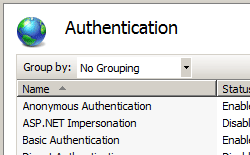 Screenshot of the expandable Internet Information Services folder with the Windows Authentication folder being highlighted.