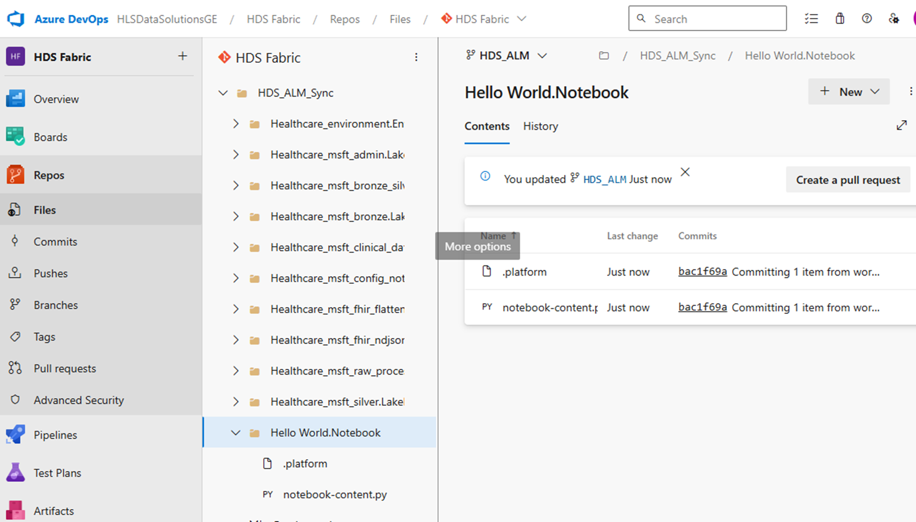 A screenshot displaying the committed notebook in Azure DevOps.