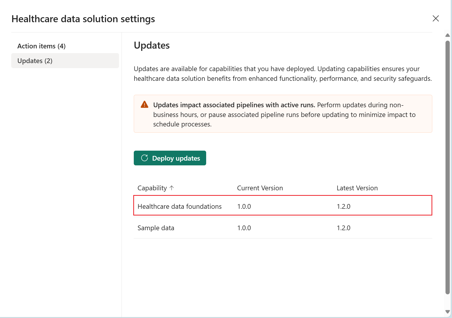 A screenshot explaining how to update the version in the healthcare data solutions settings section.