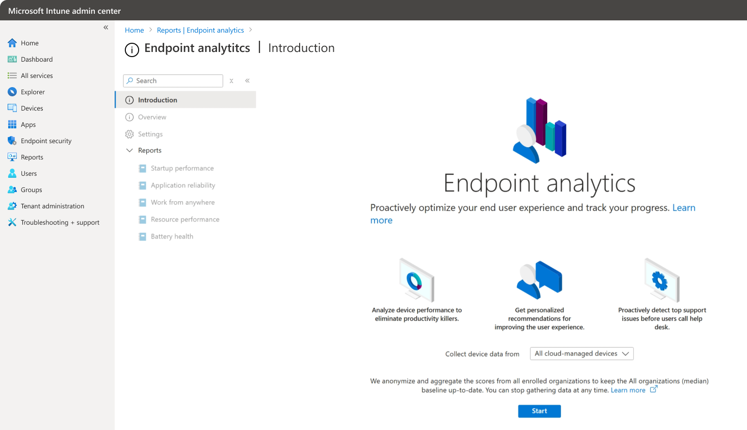 Endpoint analytics introduction page.