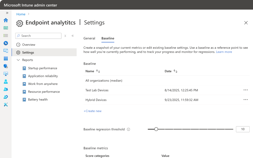 Endpoint analytics baseline settings page.