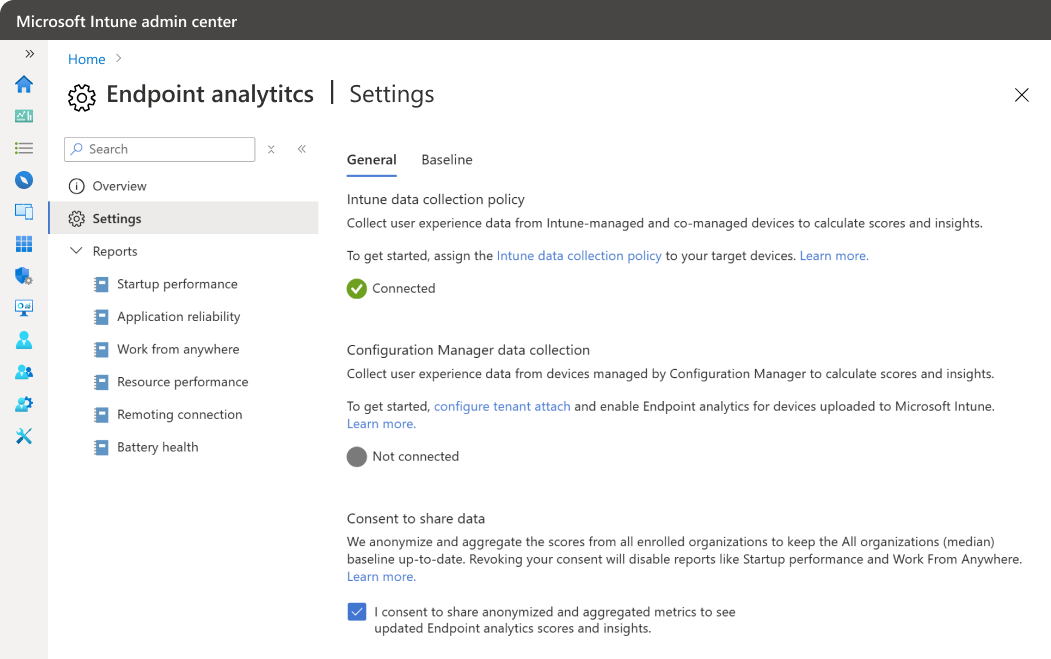 Endpoint analytics general settings page.