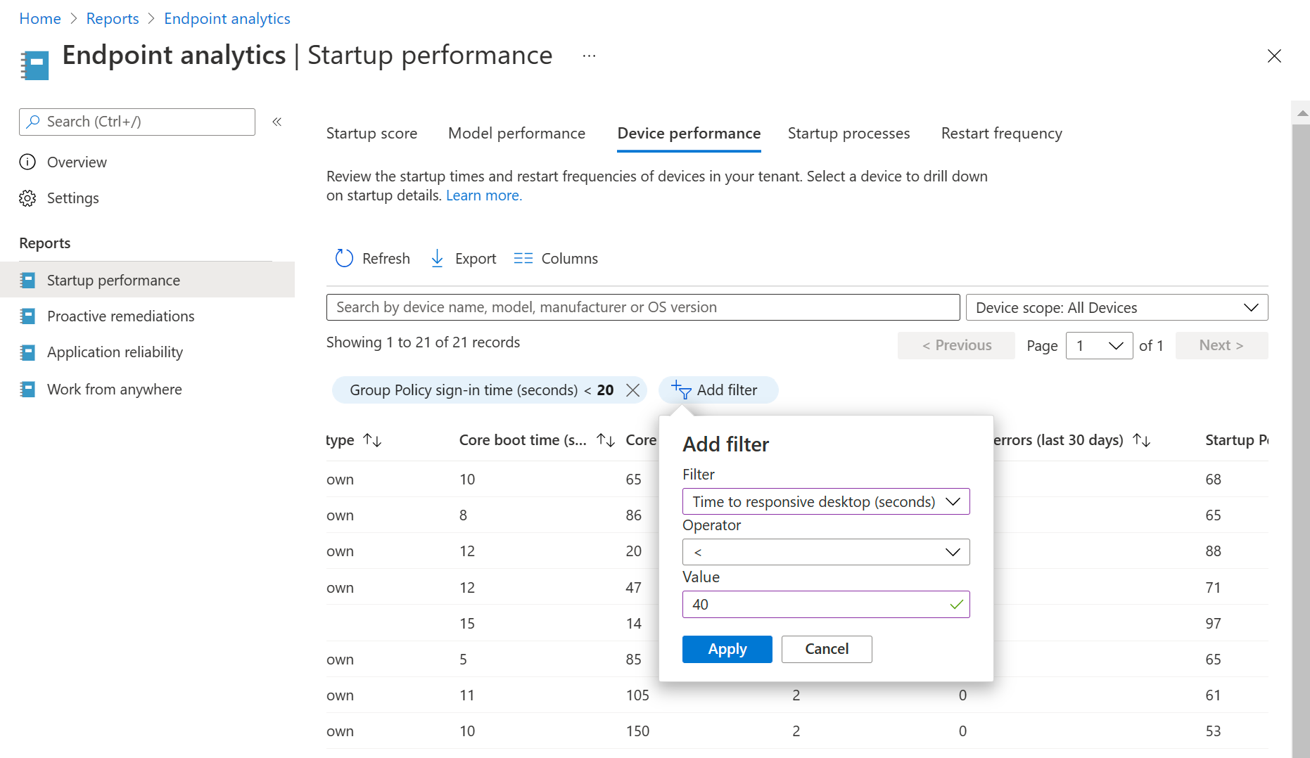 Screenshot of a table filter in endpoint analytics.