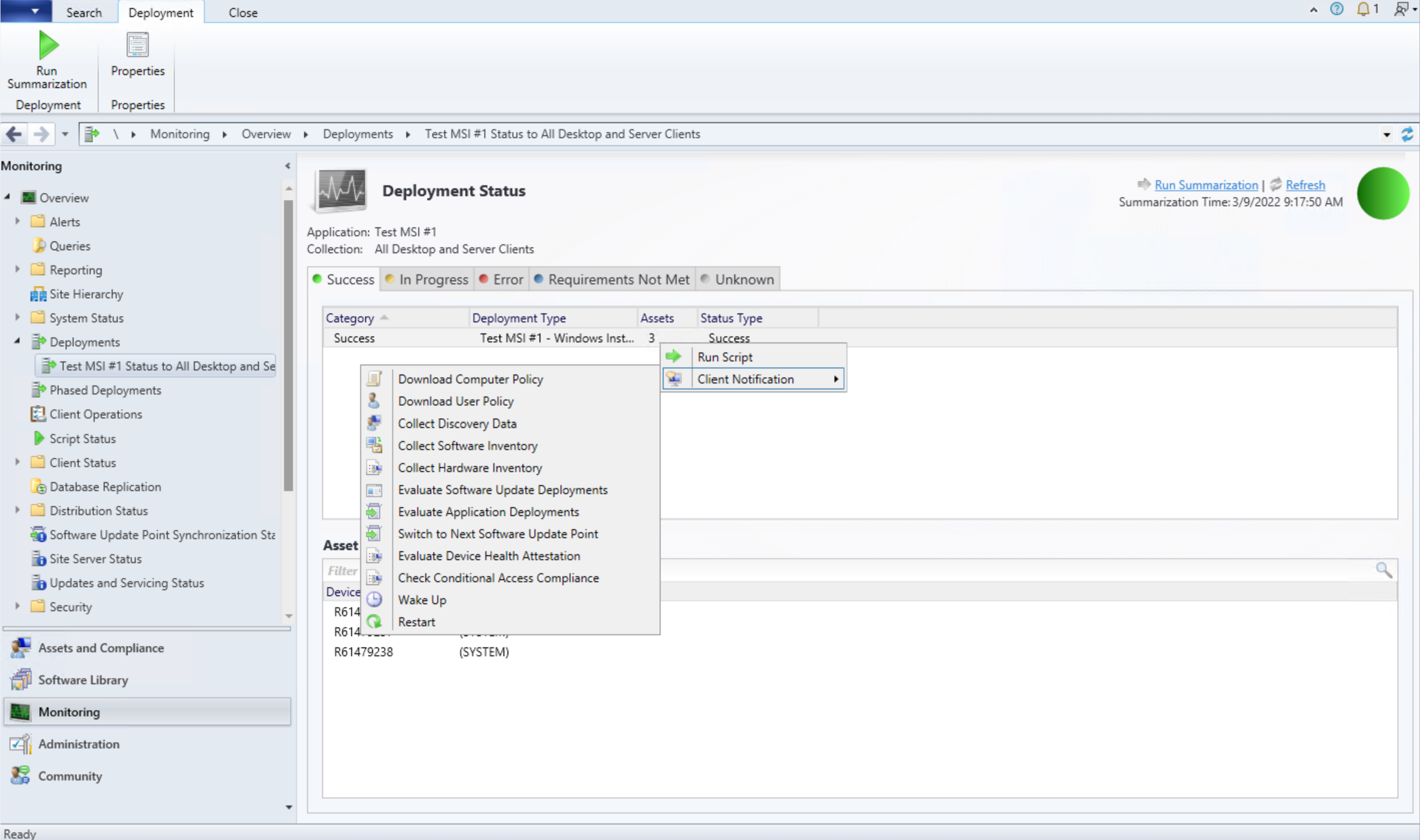 Screenshot of the Deployment Status view showing the client notification actions.
