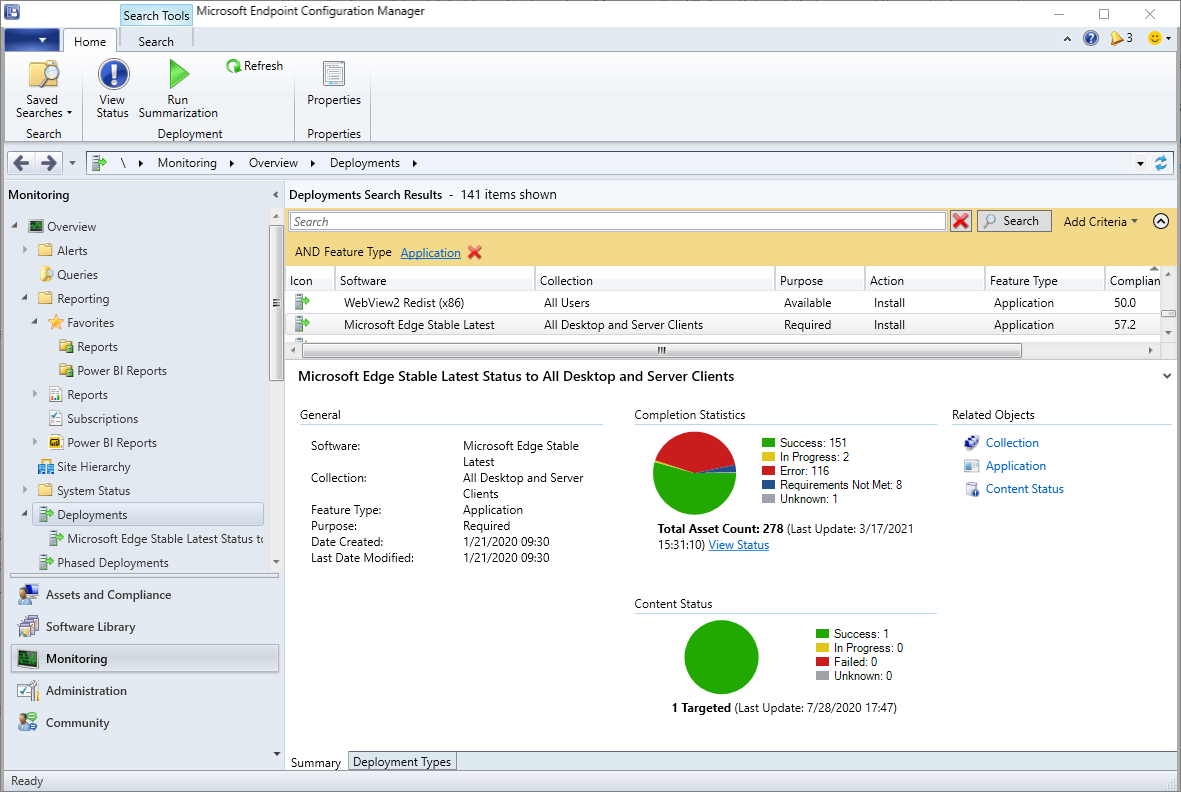 Screenshot of the Monitoring workspace, Deployments node, filtered to applications