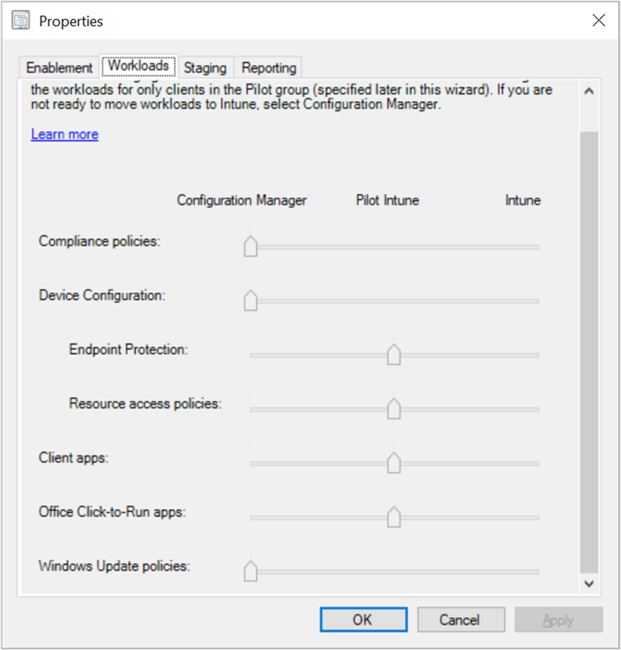 Screenshot of comanagement workload tab in cloud attach properties in configuration manager admin console.