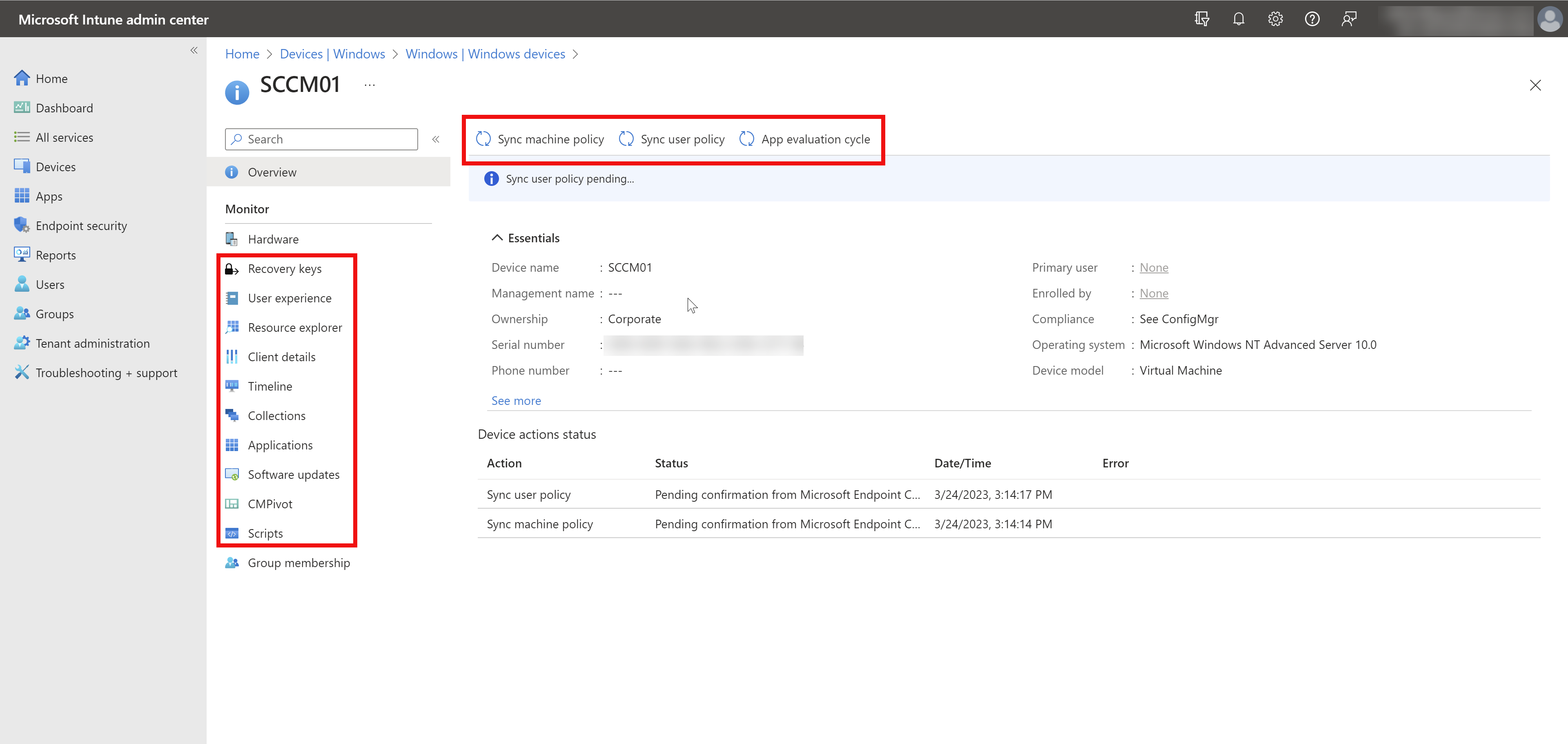 Screenshot of remote actions for tenant attached devices in Intune admin center.
