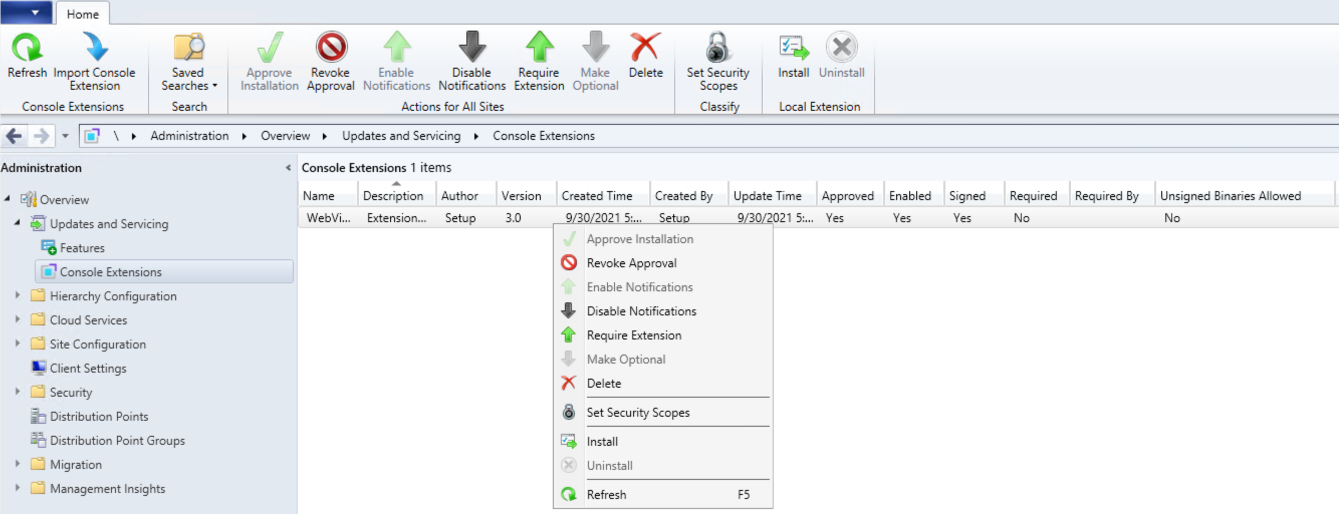 The Console Extensions node in the Configuration Manager console