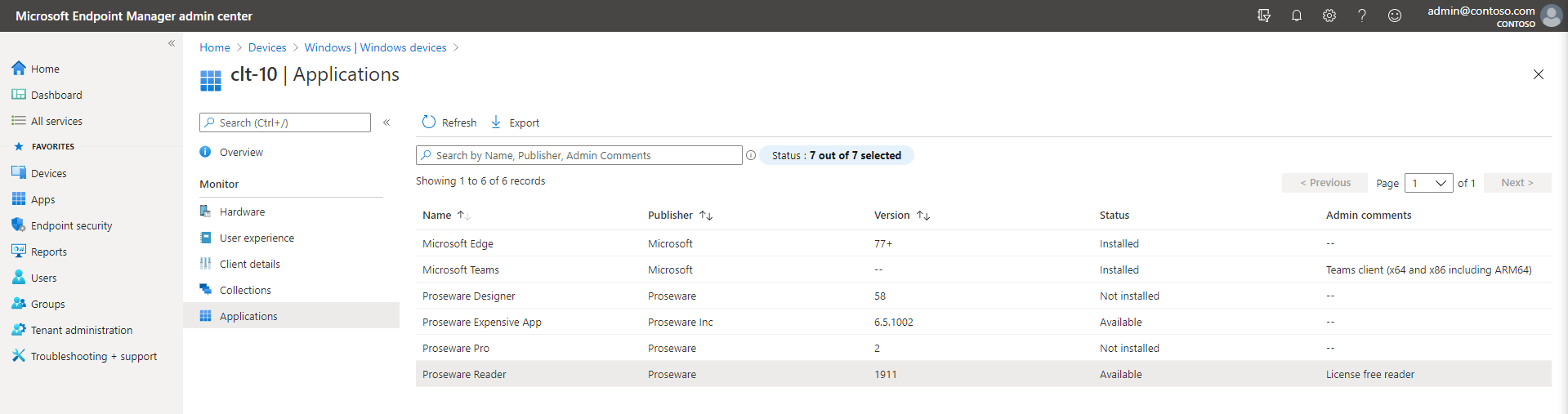 Screenshot of applications in Microsoft Intune admin center.