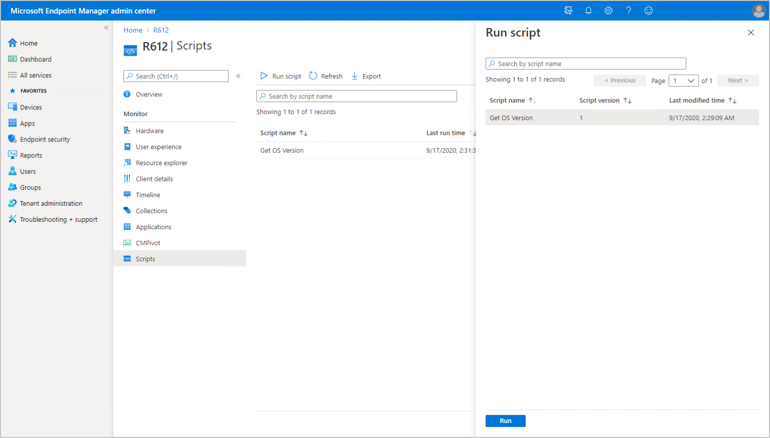 Running the script from the admin center