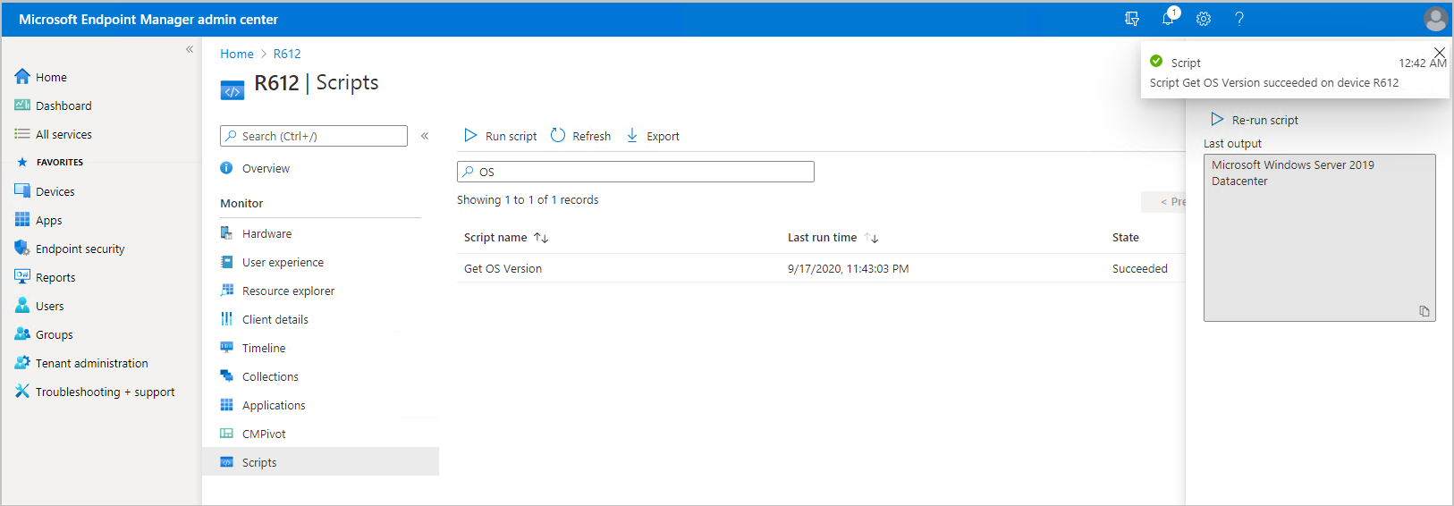 Script output in the admin center