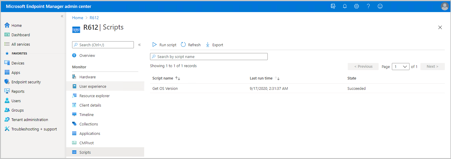 Screenshot of script list in the admin center