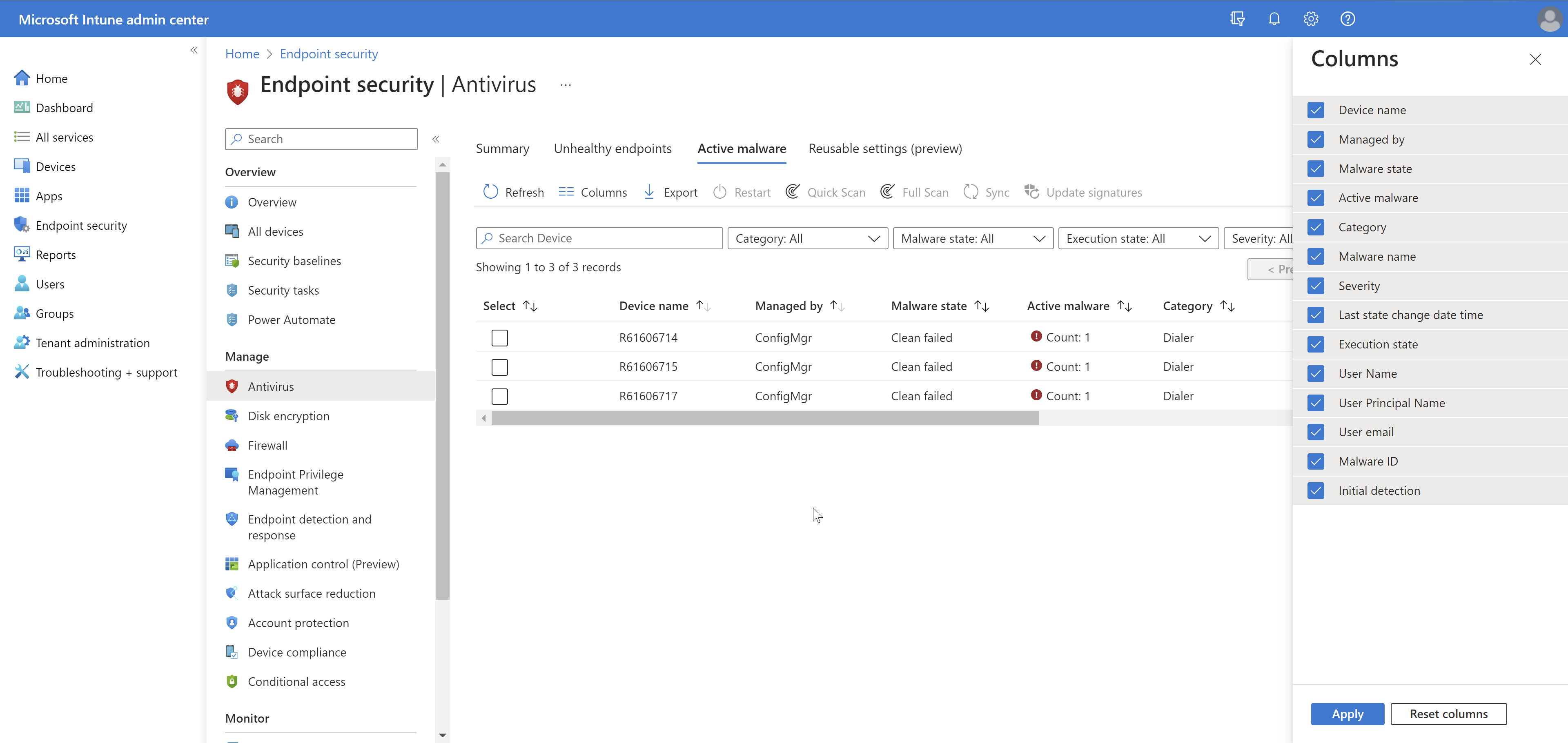 Screenshot of active malware operational report in Intune admin center.