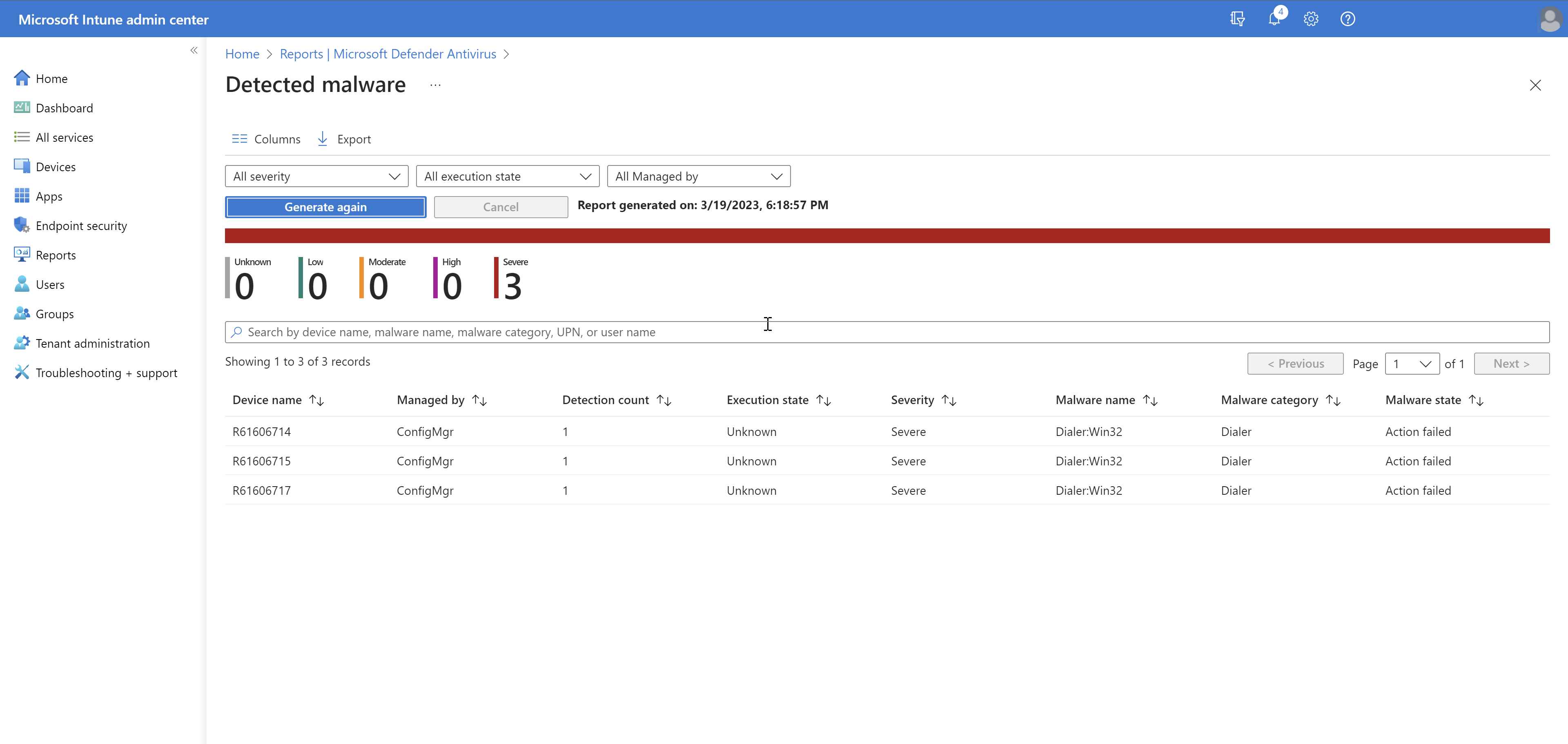 Screenshot of detected malware organizational report in Intune admin center.