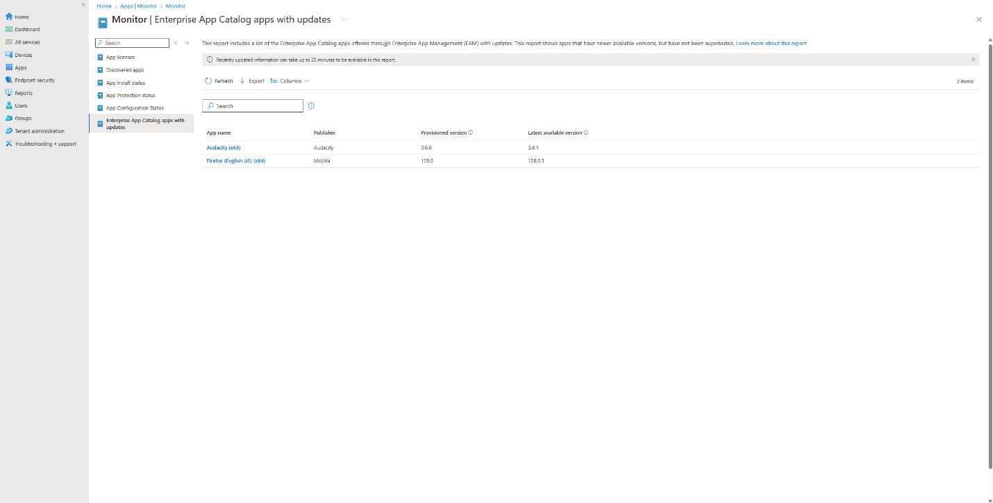 Screenshot the Enterprise App Catalog app list with available updates.