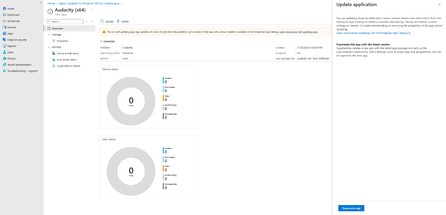 Screenshot an Enterprise App Catalog app list the supersedence option.