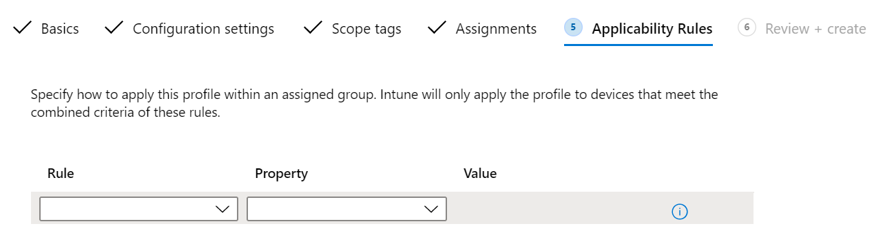 Screenshot that shows how to add an applicability rule to a Windows device configuration profile in Microsoft Intune.