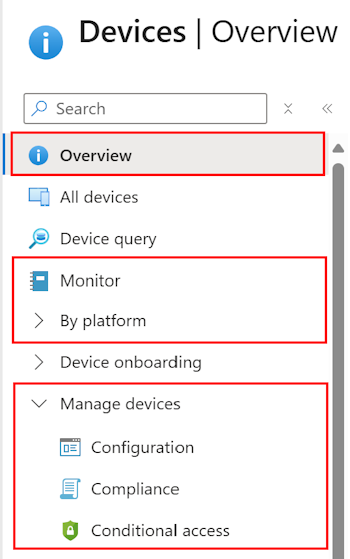 Screenshot that shows how to select Devices to see what you can configure and manage in Microsoft Intune.