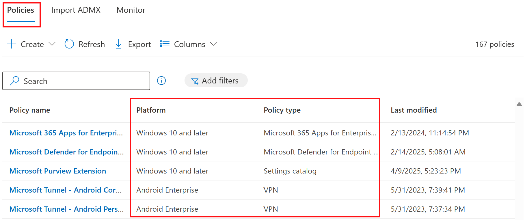 Screenshot that shows all the device configuration profiles, their profile type, and the last modified date in Microsoft Intune and Intune admin center.