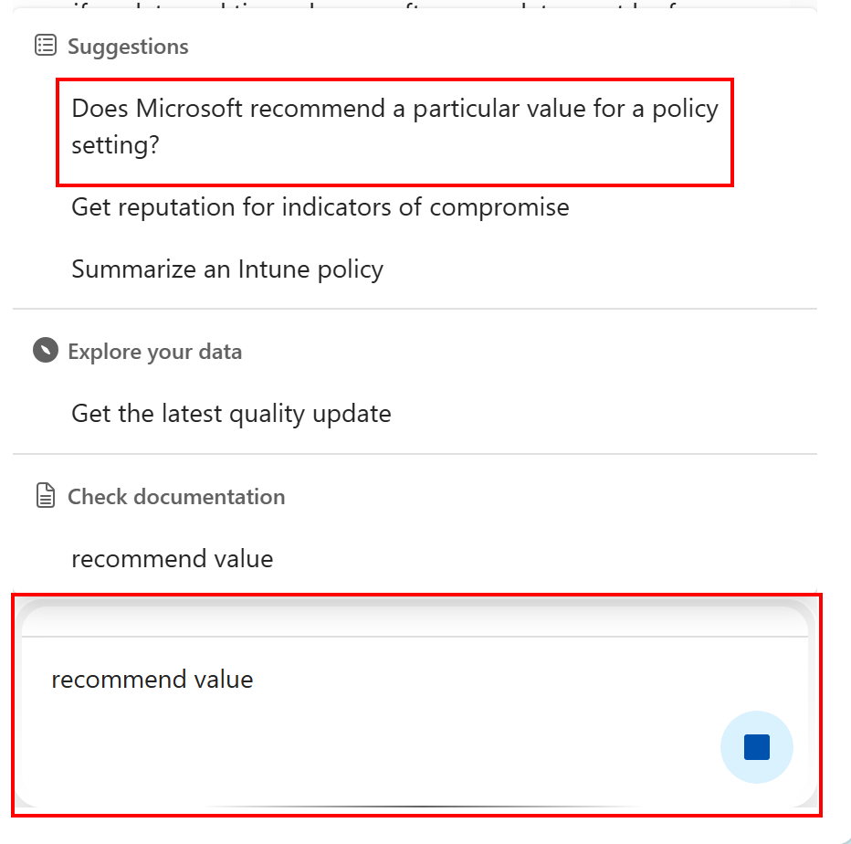 Screenshot that shows the Copilot suggestion prompts in the settings catalog in Microsoft Intune and Intune admin center.