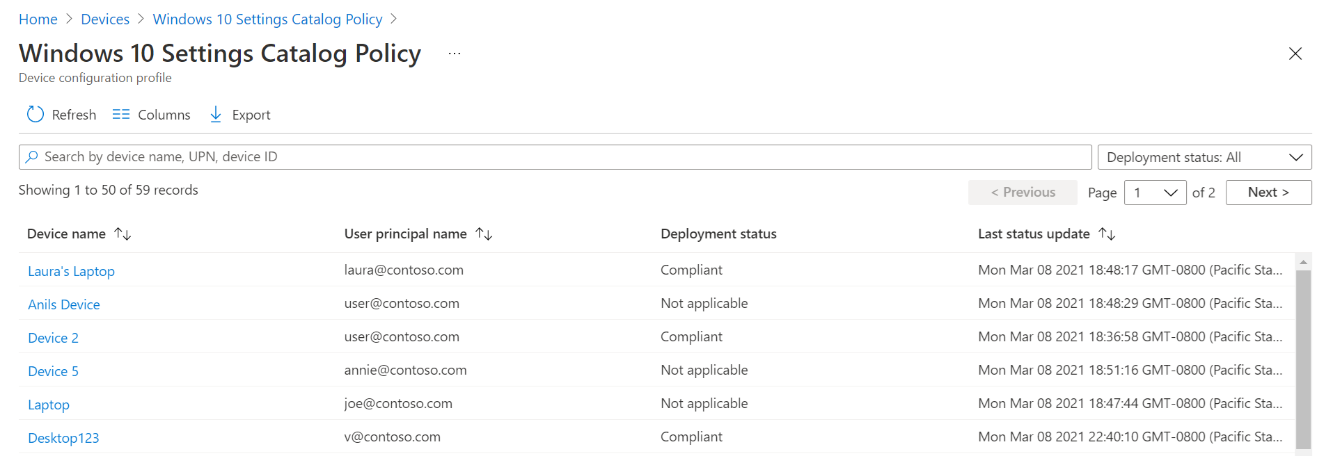 Screenshot that shows how to see detailed report information in Microsoft Intune and Intune admin center, including device name, policy status, and more.