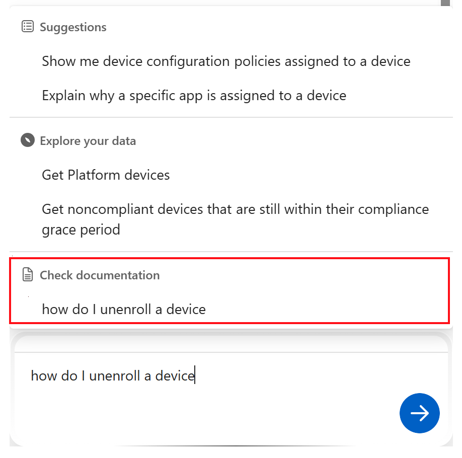 Screenshot that shows the Check documentation prompt in Copilot Chat in Microsoft Intune.