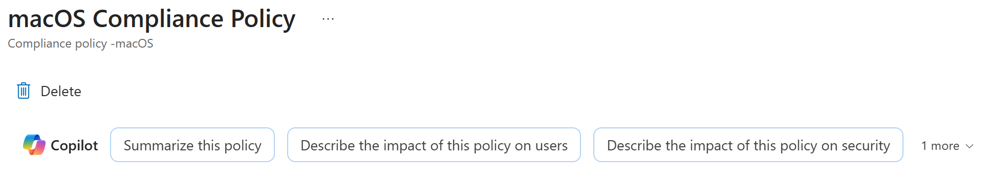 Screenshot that shows the Copilot prompt options for compliance policies in Microsoft Intune or Intune admin center.