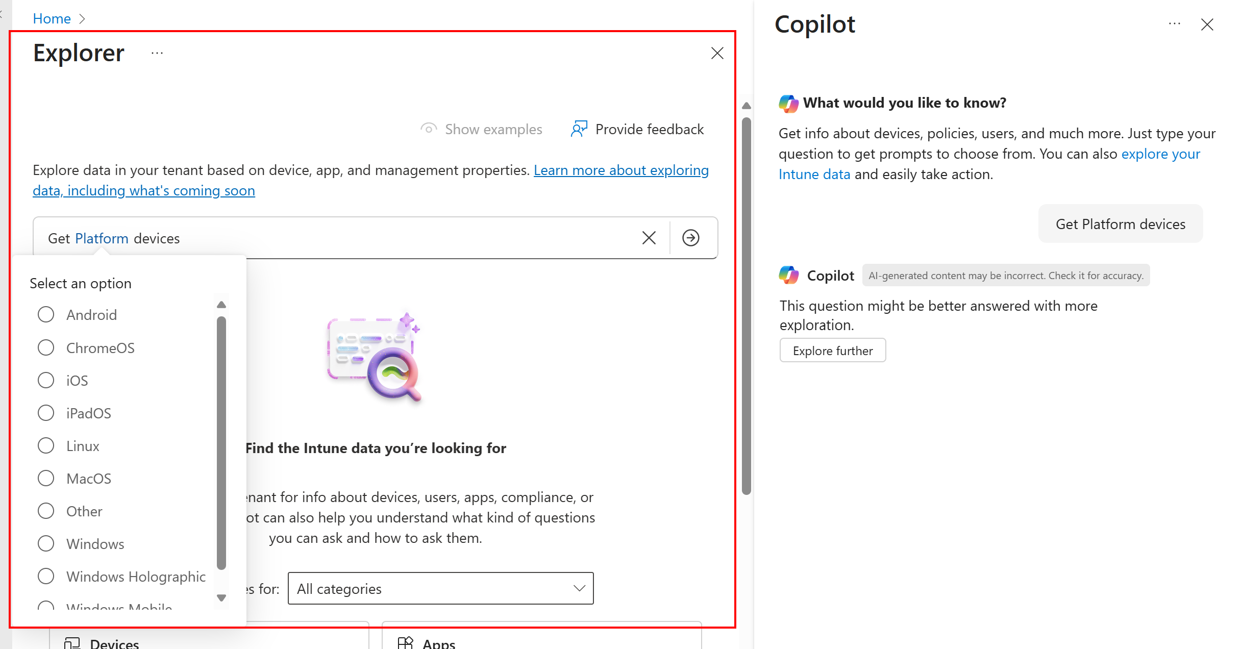 Screenshot that shows the Explorer prompt box with the filled-out prompt in Microsoft Intune.
