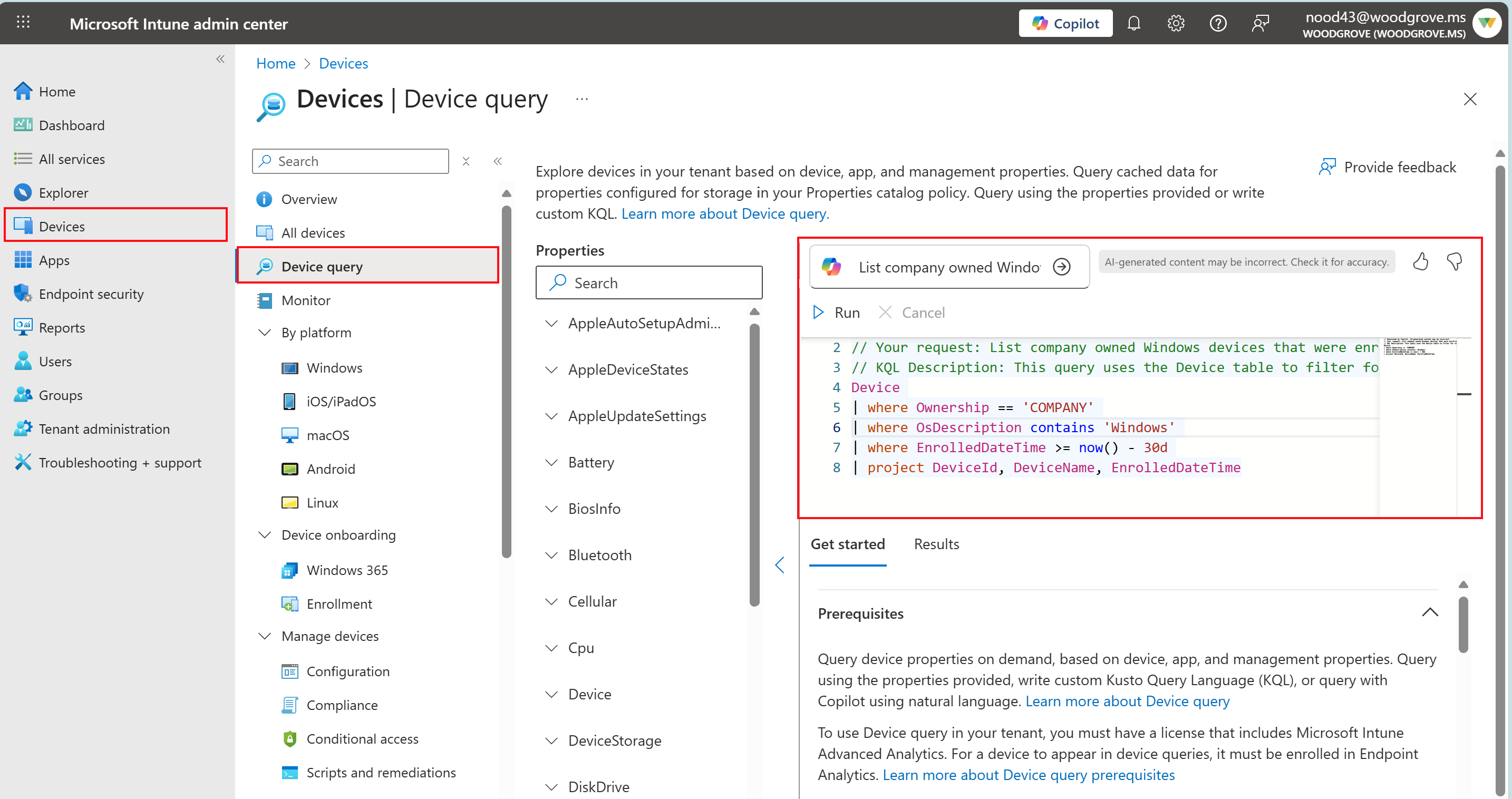 Screenshot that shows Copilot Chat for querying many devices using KQL in Microsoft Intune.