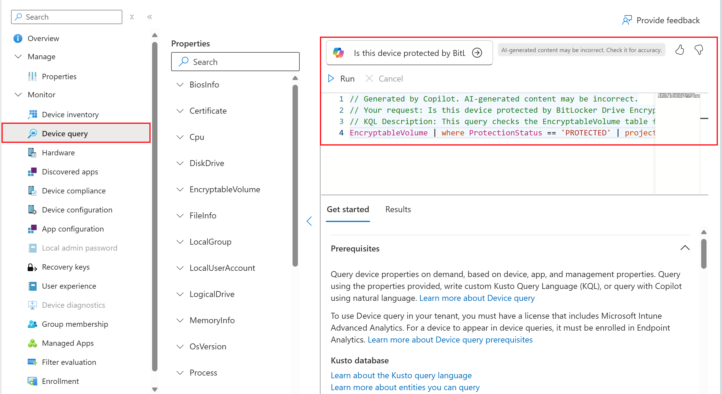 Screenshot that shows Copilot Chat with your prompt for a single device KQL query in Microsoft Intune.