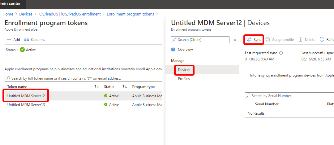 Screenshot that shows how to sync iOS and iPadOS devices to an enrollment program token.