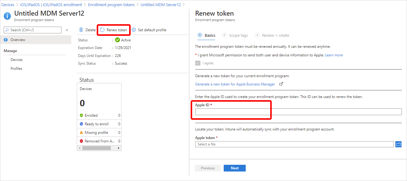 Screenshot that shows the Renew token page.