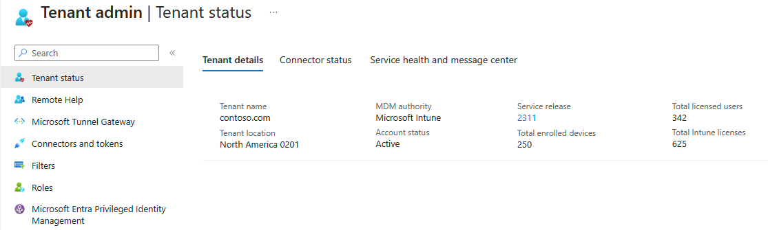 In the Intune admin center, select tenant administration and then tenant status to see the service release version.