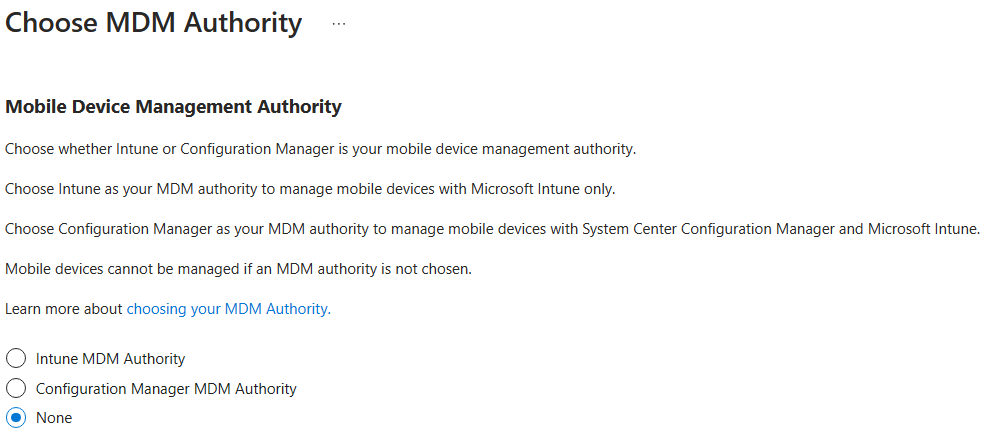 Screenshot of Intune set mobile device management authority screen.