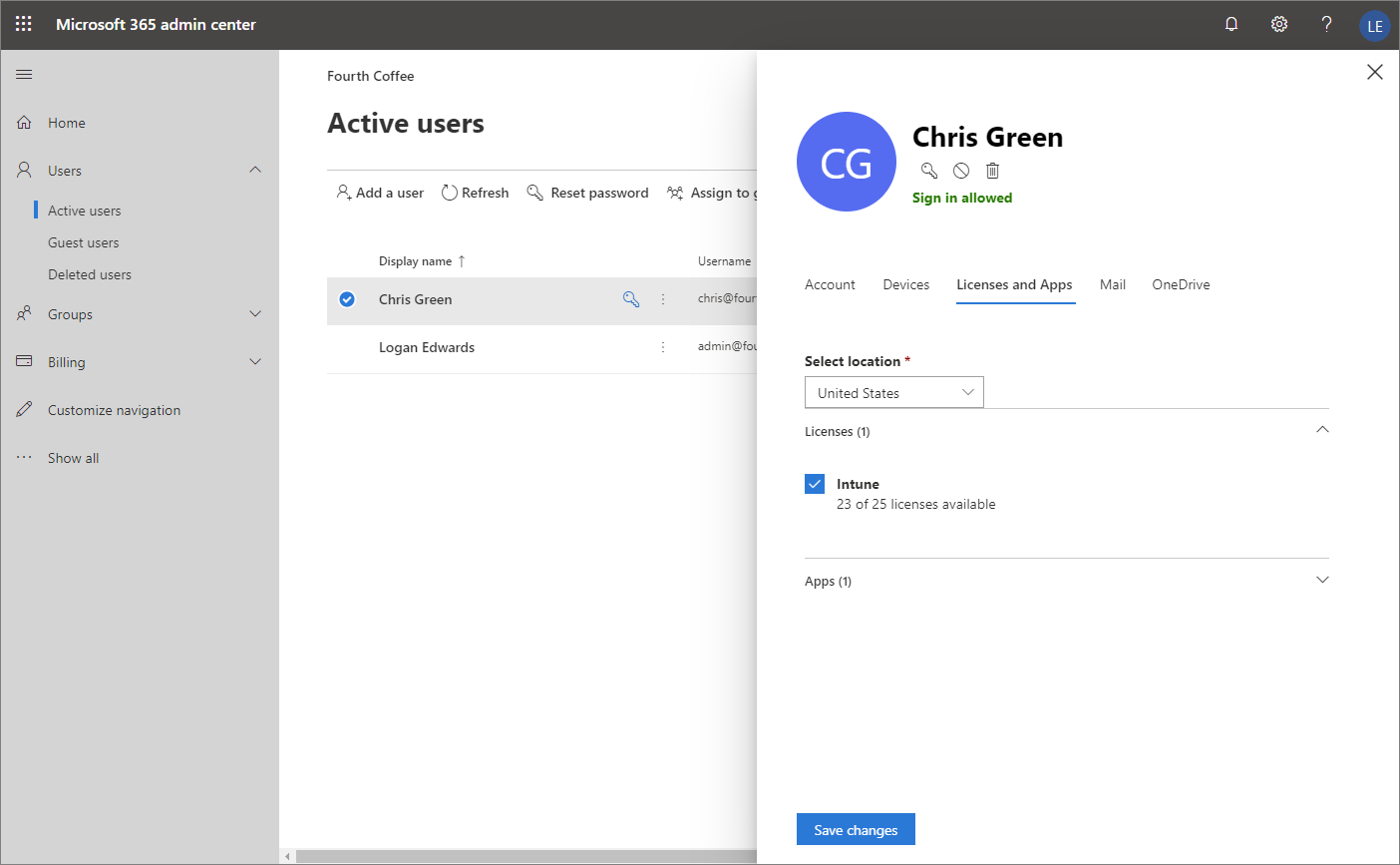 Select the location and Intune license.